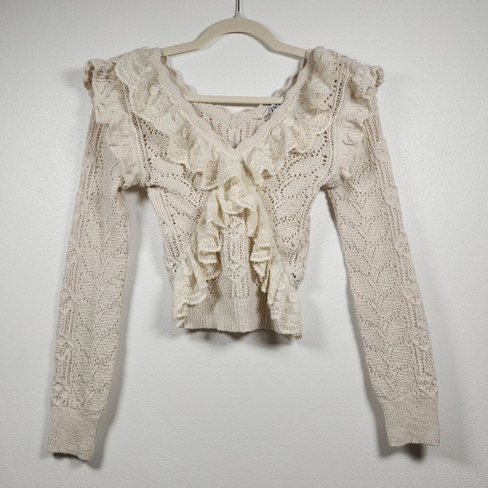 Zara Crochet Knit Lace Long Sleeve Boho Beach Coastal Fall Shirt Fairy Whimsy